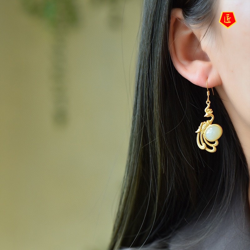 [Ready Stock]Retro Chinese Style Natural Jade Gold Phoenix Earrings