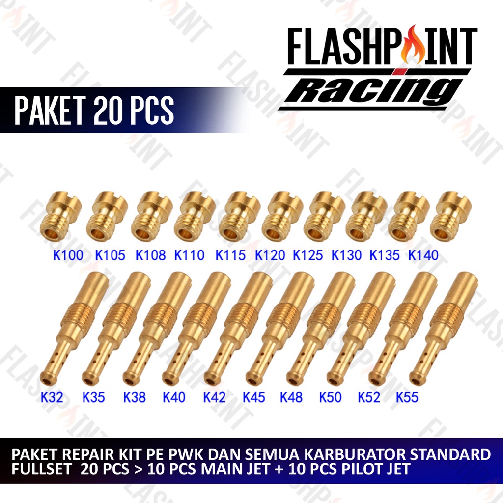 (BISA COD) 20 PCS PAKET JET PE FULLSET MAIN JET PILOT JET MAINJET SPUYER REPAIR KIT REPAR REPARASI KARBURATOR KARBU PWK PE PWL KLX D TRACKER NINJA TIGER MEGAPRO SUDCO KEIHIN BLACKVIPER CPO VARIO MIO RX MX SUPRA BYSON SMASH SHOGUN FU SATRIA SPIN GL F1ZR