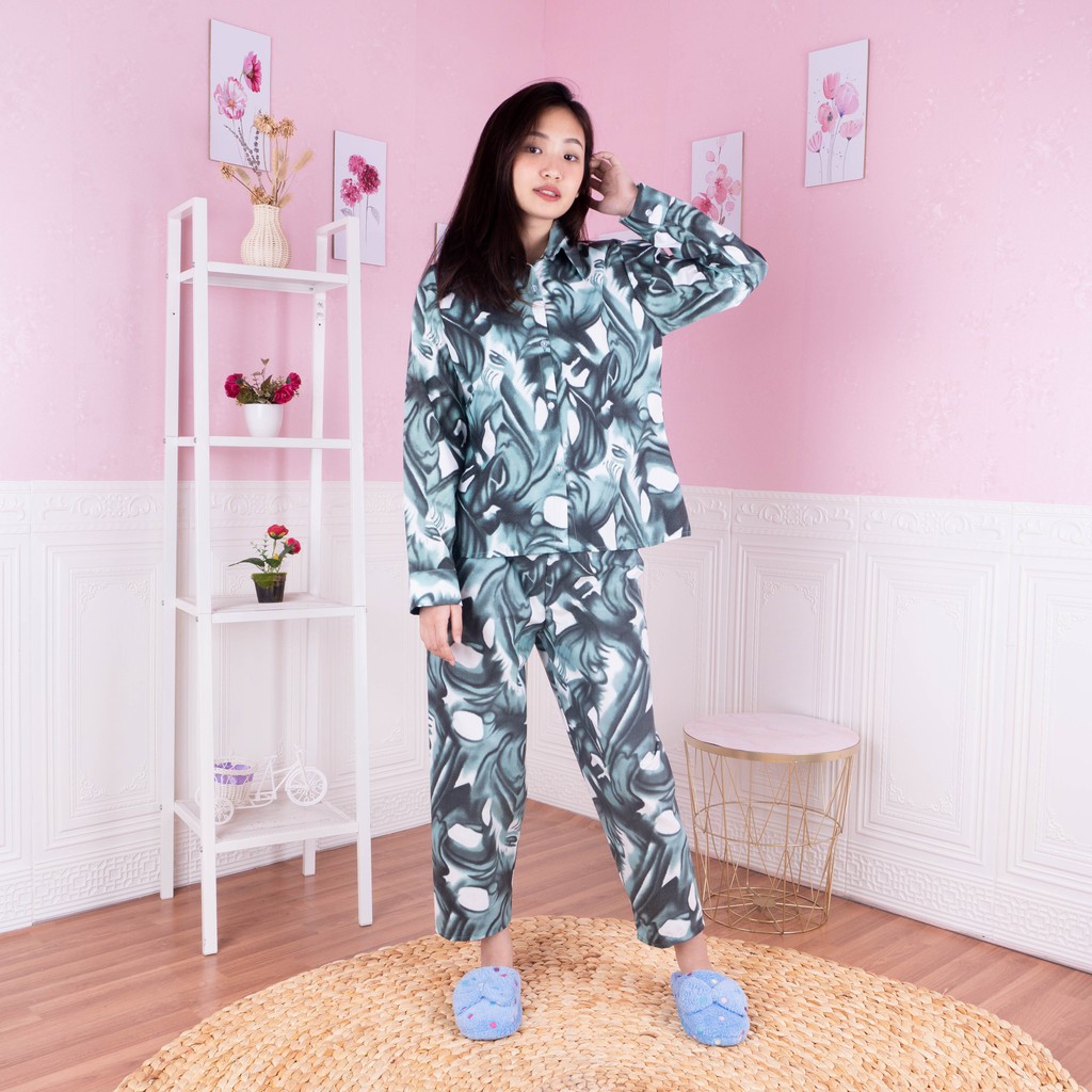 Galaxy Longsleeve Set - Baju Tidur Tie Dye Set / Daily Set / Piyama Kemeja Set PP Fit XL-PYM PP NADINE HIJAU