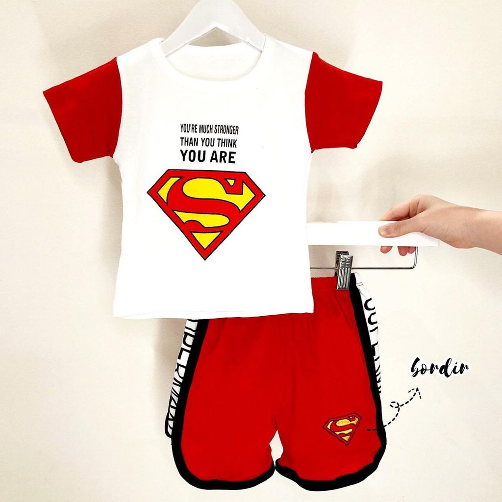 SUPER ME Baju Setelan Kaos Celana Pergi Jalan Lucu Fashion Anak Bayi Cowok Laki Terlaris Lucu