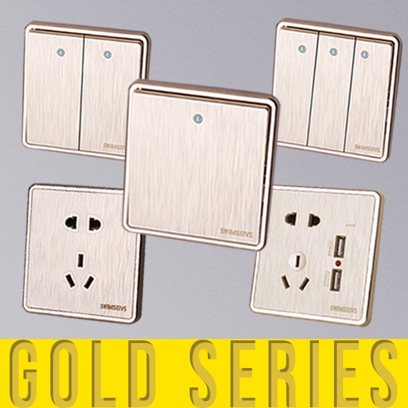 Saklar Dinding Soket 5 PREMIUM GOLD, Golden Brushed 1/2/3 Gang 1 Way, Stop Kontak, USB