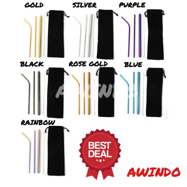 SEDOTAN STAINLESS STEEL SET 5 in 1 STAINLESS STRAW ALAT MINUM STAINLESS STRAW REUSABLE