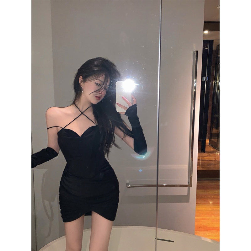 Suhao suspender dress wanita rok hitam lengan panjang paket seksi rok pinggul bottoming