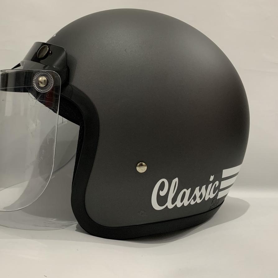 Helm Bogo Classic Abu-Abu Doff s Solid pilih Kaca Datar Cembung Cmoke Clear Helem Nuvo Helmet SNI De
