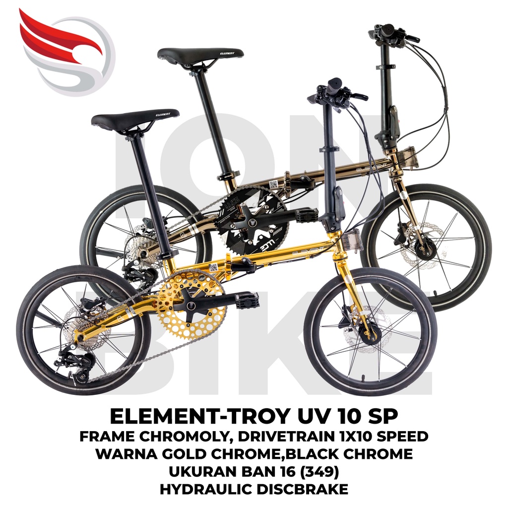 Sepeda Lipat 16 Element Troy X UV X10 Black Gold Chrome X 10 Speed Folding Bike 349 X-10 TROYX Black