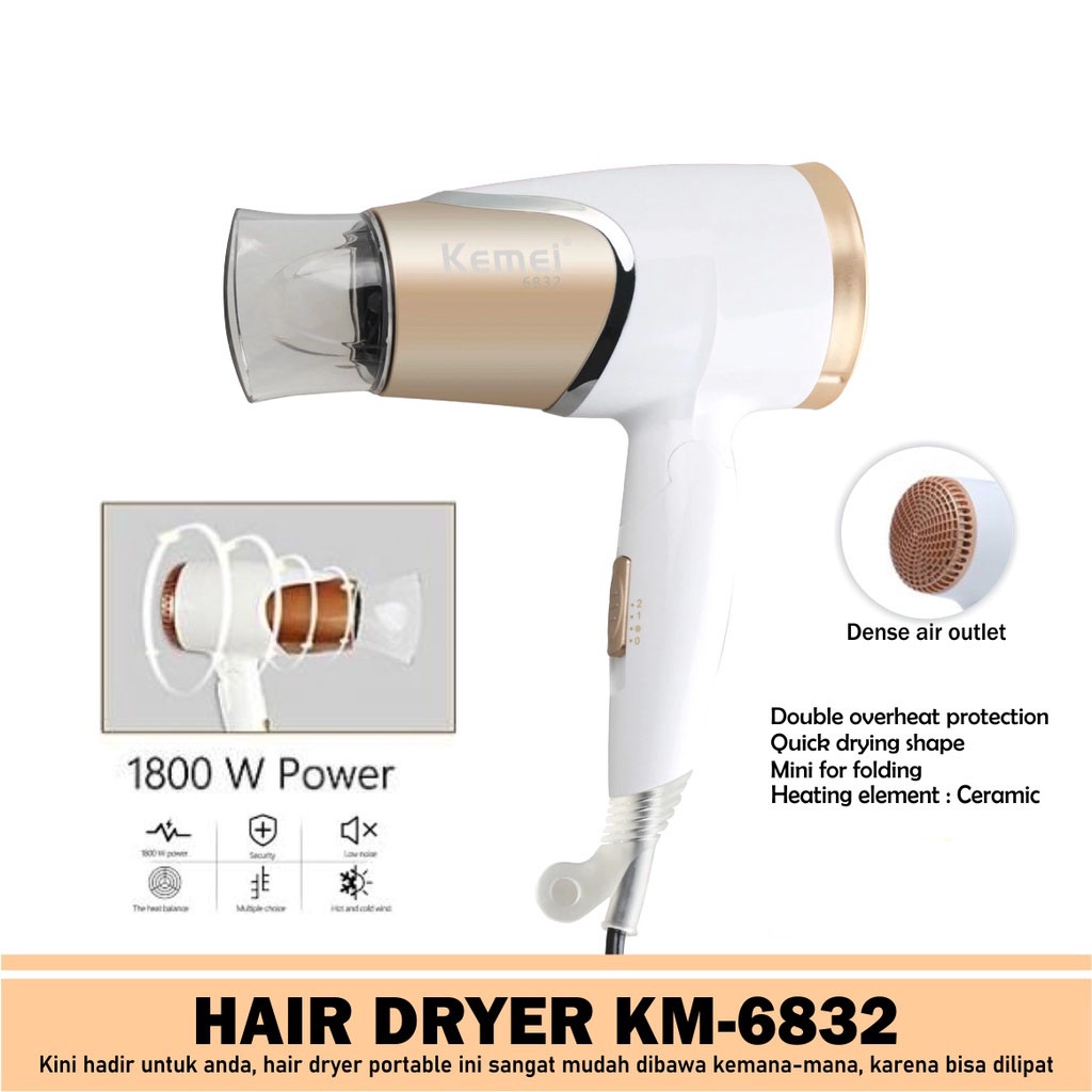 ZILLO Hair Dryer Pengering Rambut Premium Quality KM-6832 Hairdryer Lipat Warna Desain Elegant