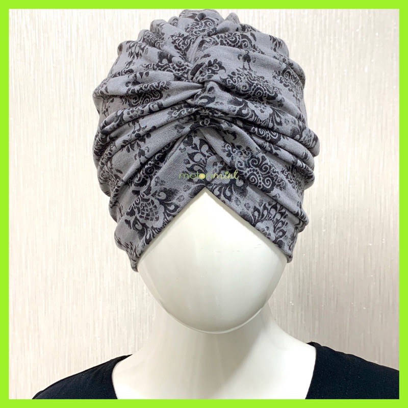Melonmint Handmade Turban Hijab Instan Instant Wanita Warna Abu Motif Bunga Abstrak Hitam Grosir