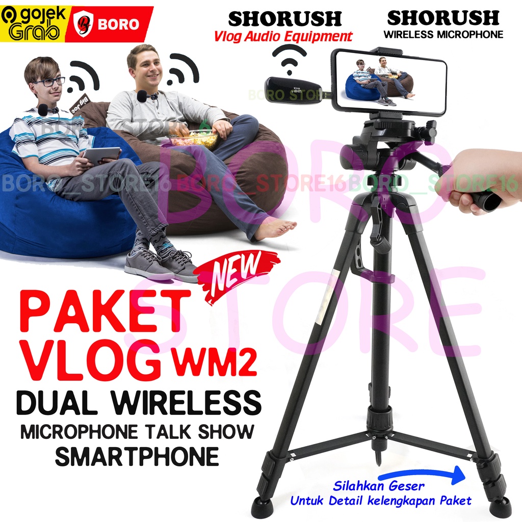 PAKET VLOG WM2 Shorush Dual 2 Transmitter Microphone Mic Clip On Wireless UHF Tripod HP Smartphone
