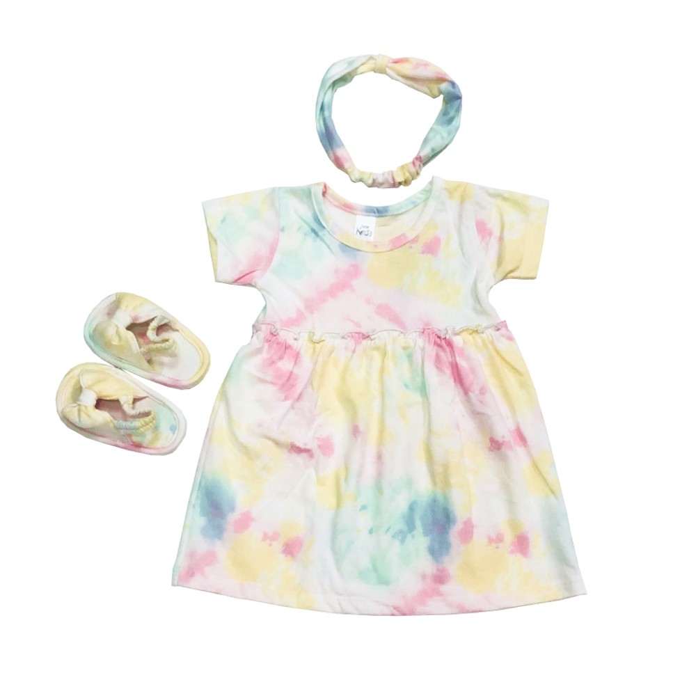 Ava 0-12 Bulan Dress Set Bayi / Dres Set Anak Bayi Little Koda - Toko Uwais Grosir-White Colorfull Dye