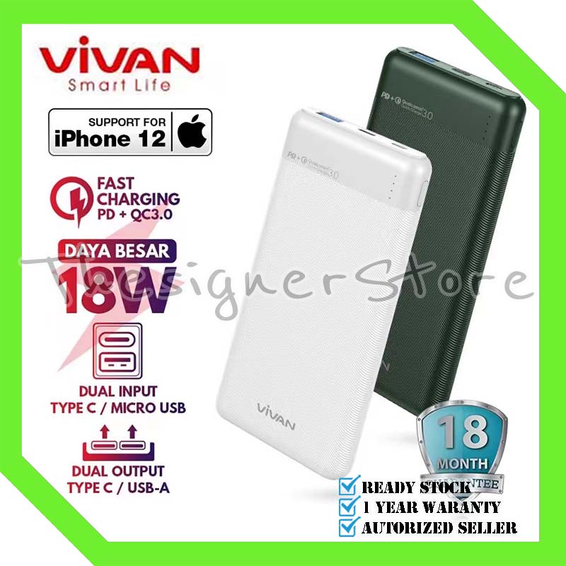 VIVAN VPB-M10 PowerBank 10000mah Fast Charging 3.0 18W Dual Input Port Type C &amp; Micro USB