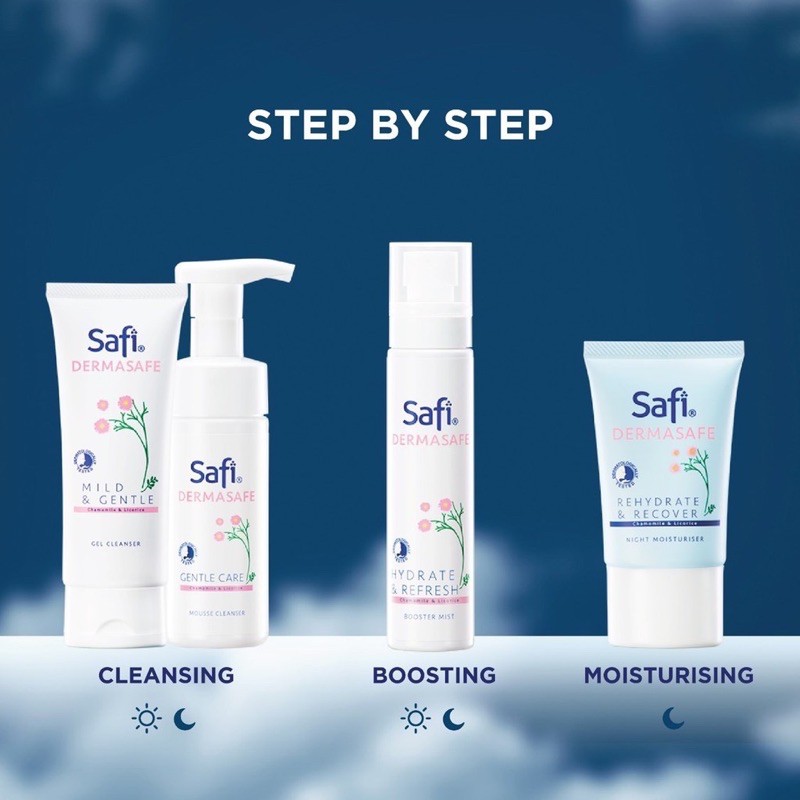 Safi Dermasafe Series (Gel Cleanser, Mousse Cleanser, Day Night Moist, Booster Mist) 3 Essential Kit