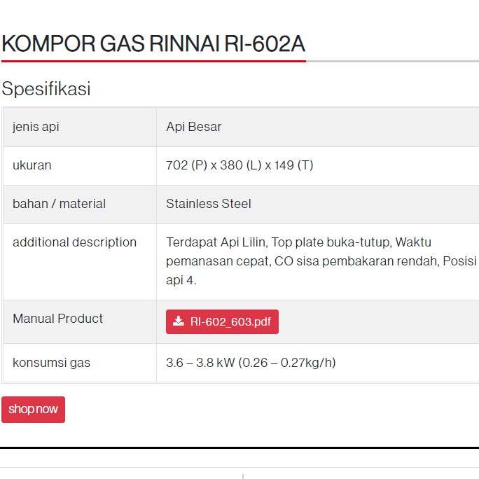 Kompor Gas Rinnai RI 602 A Api Lilin Plat Buka Tutup Kompor Stainless Rinnai 602 A Kompor Rinnai RI 602A