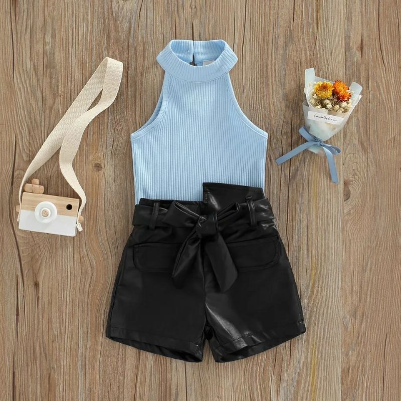 setelan anak perempuan warna biru rok kulit import real pic cod