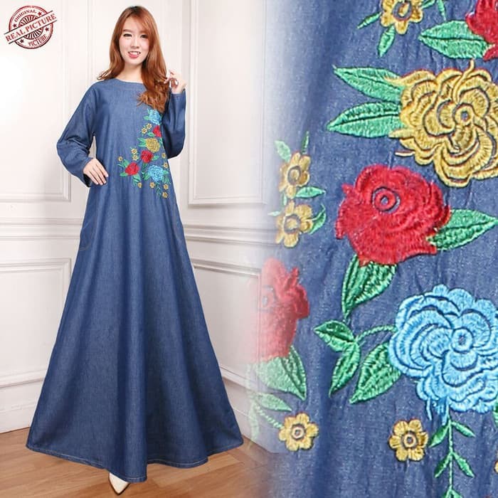 Dress Maxi Gamis Naishi Longdress Jeans Jumbo Wanita - Biru Muda
