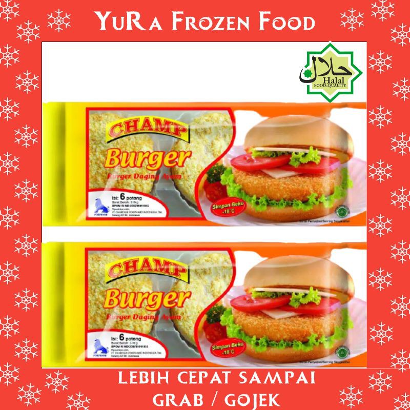 

Daging Burger Ayam Crispy CHAMP 315gr Isi 6s Makanan Halal Enak Yura Frozen Food Murah