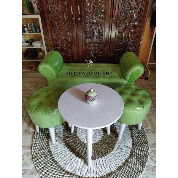 1Set Sofa Bench + 2Pcs Stool Bulat + Meja / ready stock