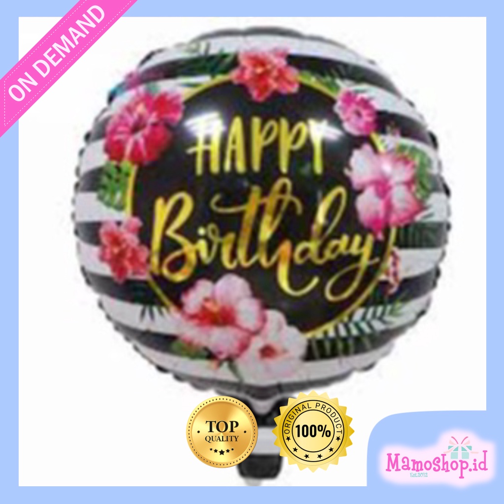 Balon HBD Putih Hitam Warna  Happy Birthday gold flower