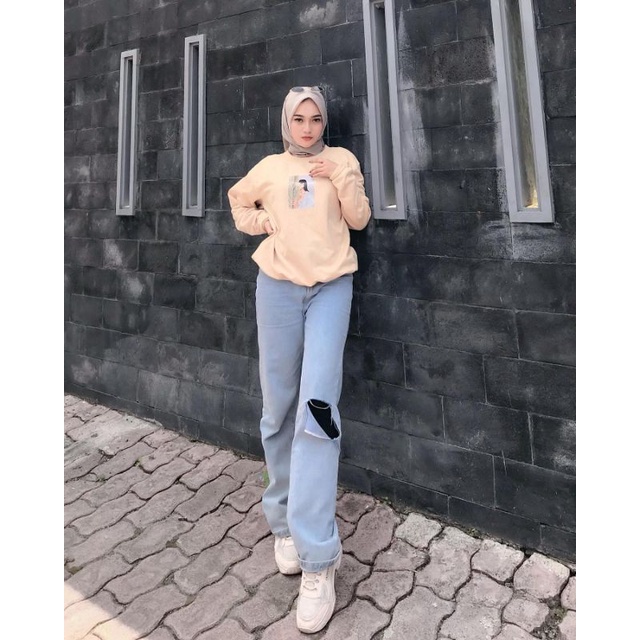 Highwaist Jeans Wanita Ripped - Celana Jeans Sobek Lutut