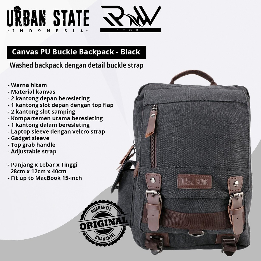 Urban State Canvas PU Buckle Backpack - Black