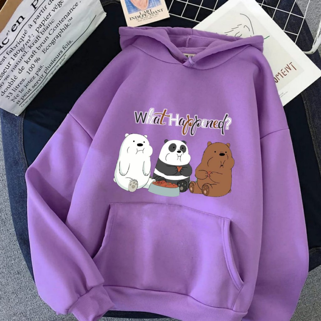 Hoodie Wanita Gambar Bears Oversize Korean Style Sweater Murah Tebal Xxl Kekinian Lilac Panda Boba