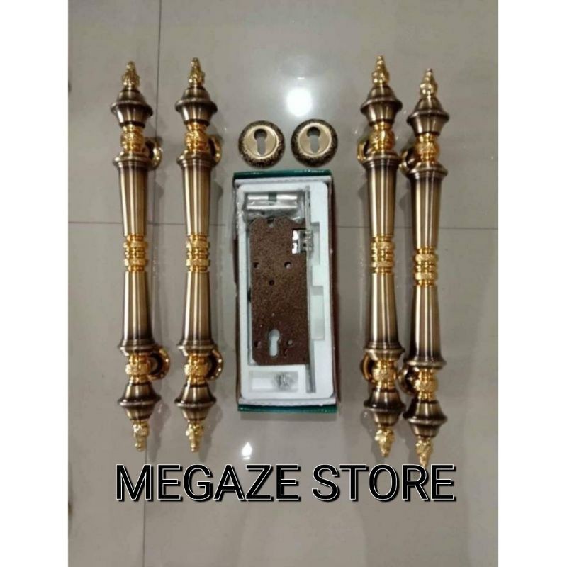 Paket Lengkap 4 Pcs Handle Pintu Cemara+Body Kunci+Lubang Kunci Kuningan Ukiran