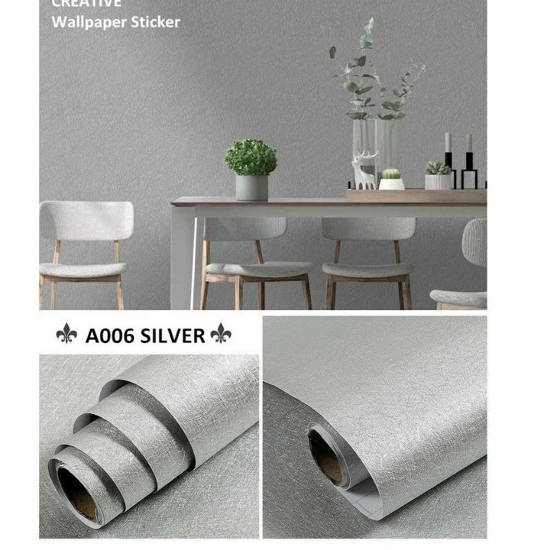 Wallpaper Sticker Dinding Embos Polos Serabut Silver Glossy10mx45cm