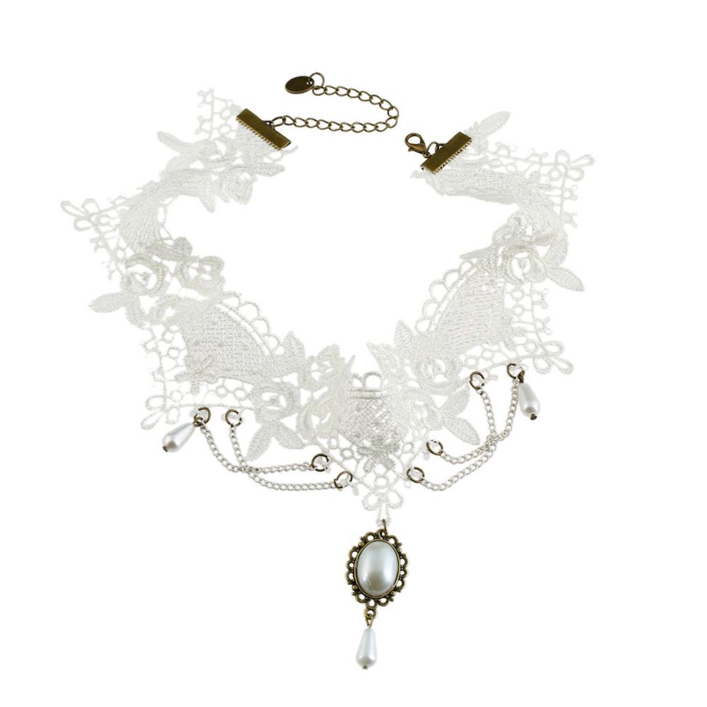 Kalung Gothik Etnik Putih Gaun Pernikahan Kain Renda Lace Necklace Gothic Flower Punk Rock