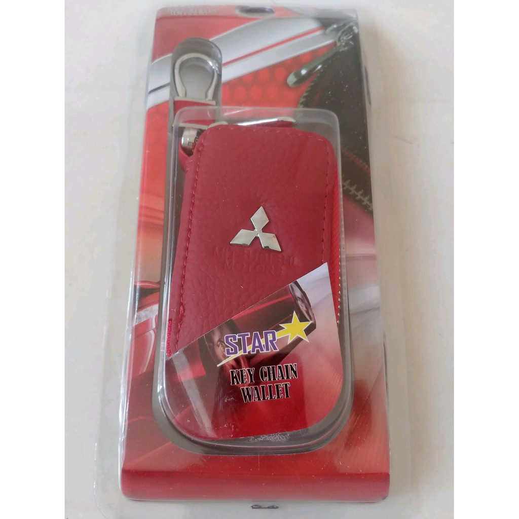 dompet KULIT stnk mobil + gantungan kunci logo mitsubishi xpander pajero mirage outlander kuda warna merah