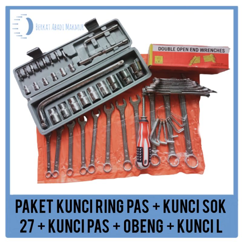 Paket Kunci Ring Pas set + Kunci Pas Set + Kunci Sok 27 PCS + Kunci L + Obeng