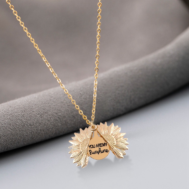 【Ready Stock】Vintage Women Gold Silver Rose Gold Pendant Lover Couple Necklaces You Are My Sunshine Open Locket Sunflower Long Necklace