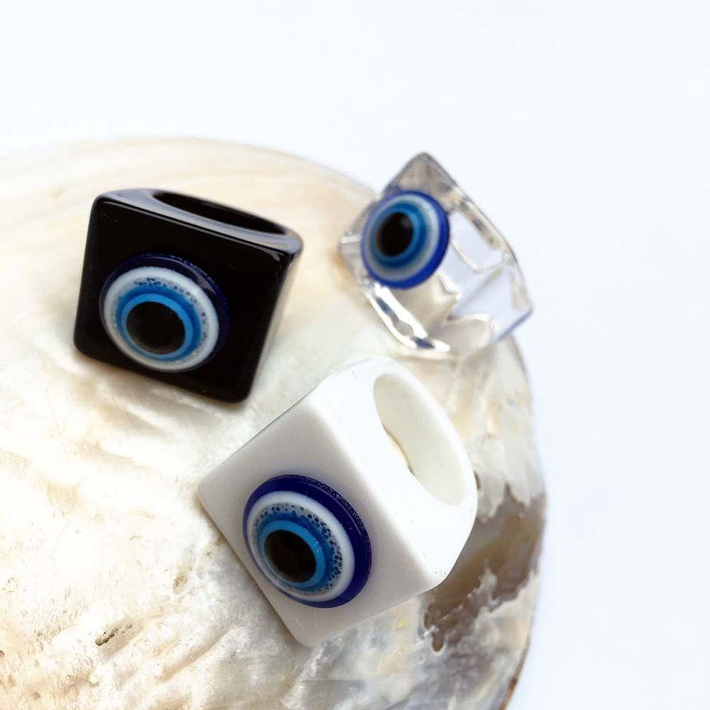 Agustinina Cincin Mata Biru Punk Pria Hip Pop Putih Kaca Biru Fashion Perhiasan Hitam Akrilik Resin Ring