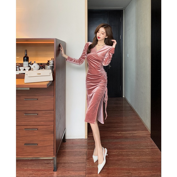 Velvet Midi Dress Wanita Wanita Tali Serut 1351 (S/M/L)