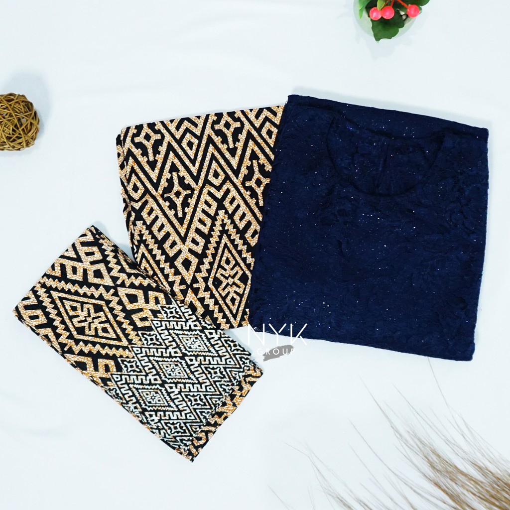 Couple Batik Wajik Lupita Brokat Lengan Panjang . Kebaya Couple Kondangan-NAVY