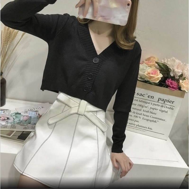 Rajutan Crop Cardigan Wanita Pendek Korea Lengan Panjang Leher V Neck