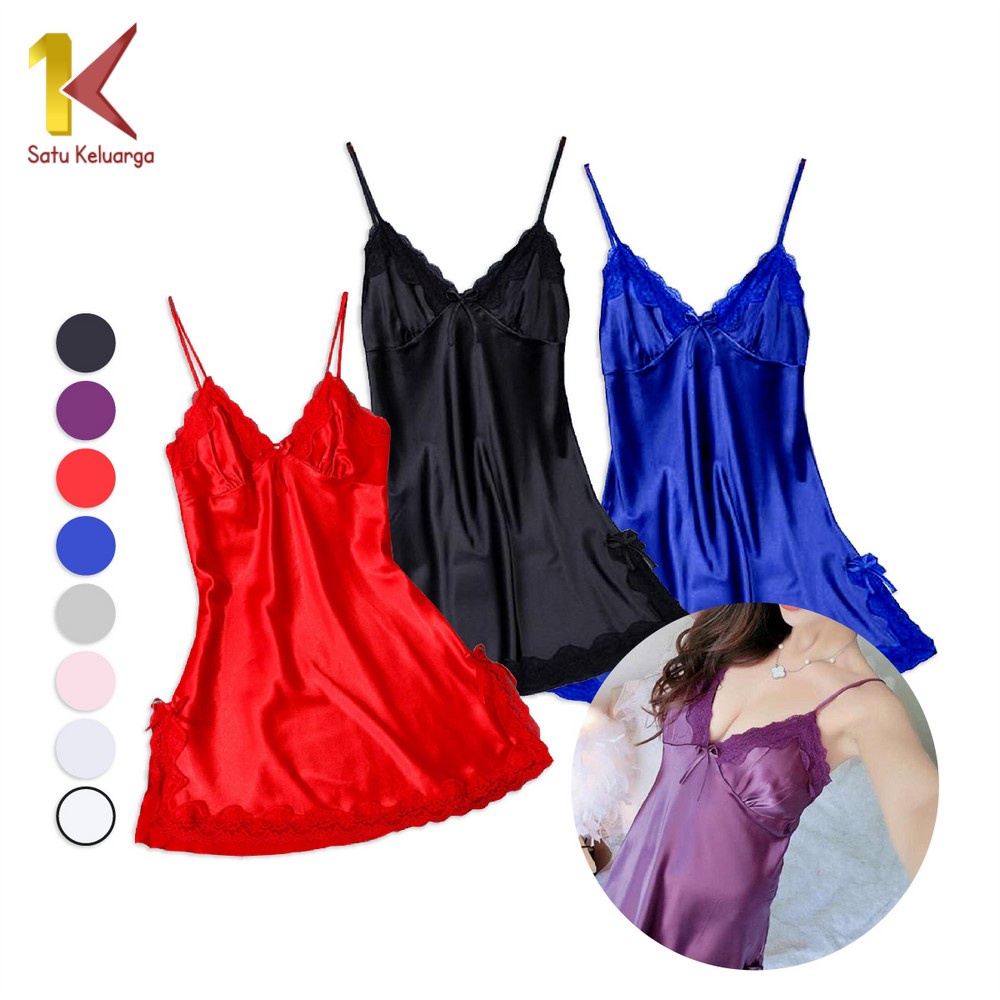 1K Baju Tidur Lingerie Wanita Sexy Renda Bahan Satin P142 Baju Gaun Mini Deep V Silk Dress Lingerie