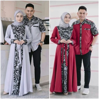 Image of (jual terpisah) set couple gamis keluarga muslimah dress pasangan muslimah modern batik prodo bakung besar silver mix moscrepe