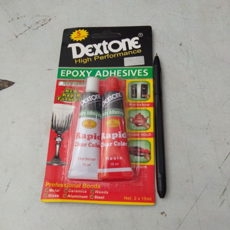 

Lem epoxy. Lem dextone 5 min warna bening net 12 gram 30 ml