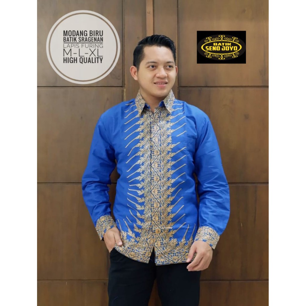 MODANG BIRU KEMEJA BATIK SOLO PRIA LENGAN PANJANG LAPIS FURING ATASAN BATIK PREMIUM MODERN KATUN HALUS SALENDRA TRUNTUM LASEM TRUNTUM LASEM SALENDRA PEKSI ABU AJISAKA SEKAR JAGAT PEKSI ABU WULU ABANG GODONGAN JAGAD INDRALAYA DEWANTA KOPI LASEM SEKAR JAGAD