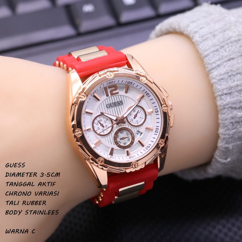 Jam Tangan Wanita/Cewek Guess Tali Rubber Tanggal Aktif Chrono Variasi