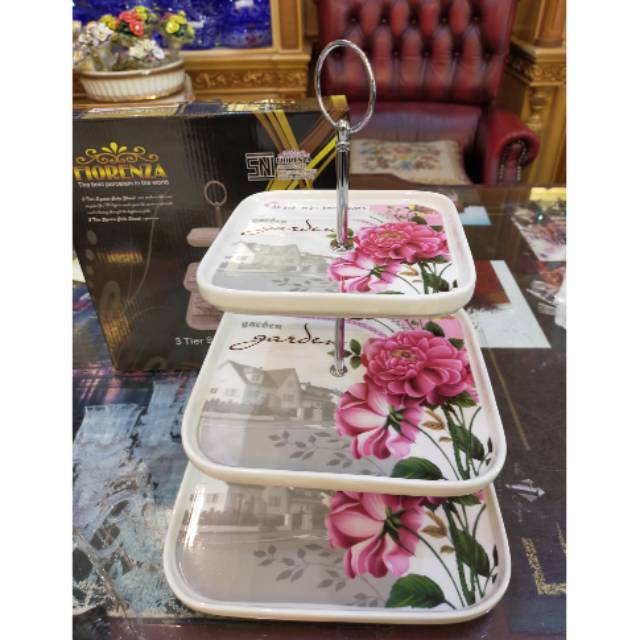 Cake Tier/ Piring susun Kue / piring susun 3 susun motif garden