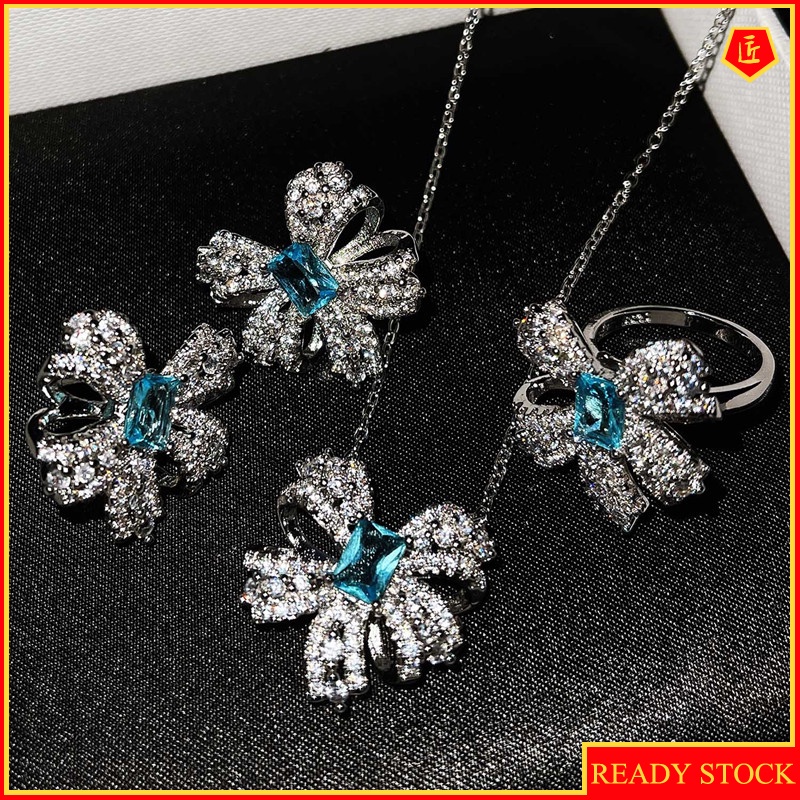 [Ready Stock]Natural Topaz Bow Necklace Set Rings Stud Earrings