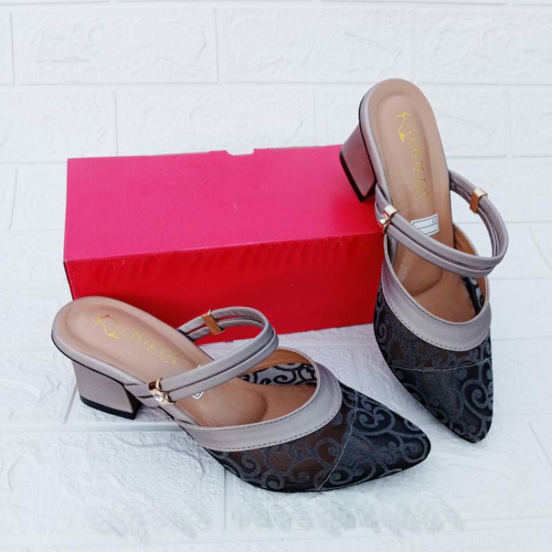 (SIAP KIRIM) Sandal slop brukat hak tahu sandal kondangan sandal pesta-🧸 Abu