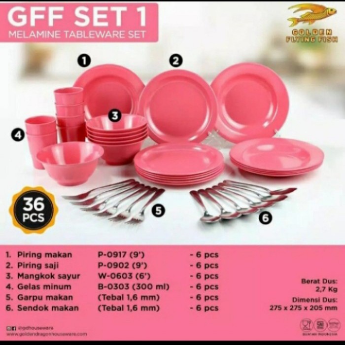 L.Maryanne Piring&Mangkok&Gelas Melamin Gff Set 1 Golden Flying Fish 36 Pcs - Pink