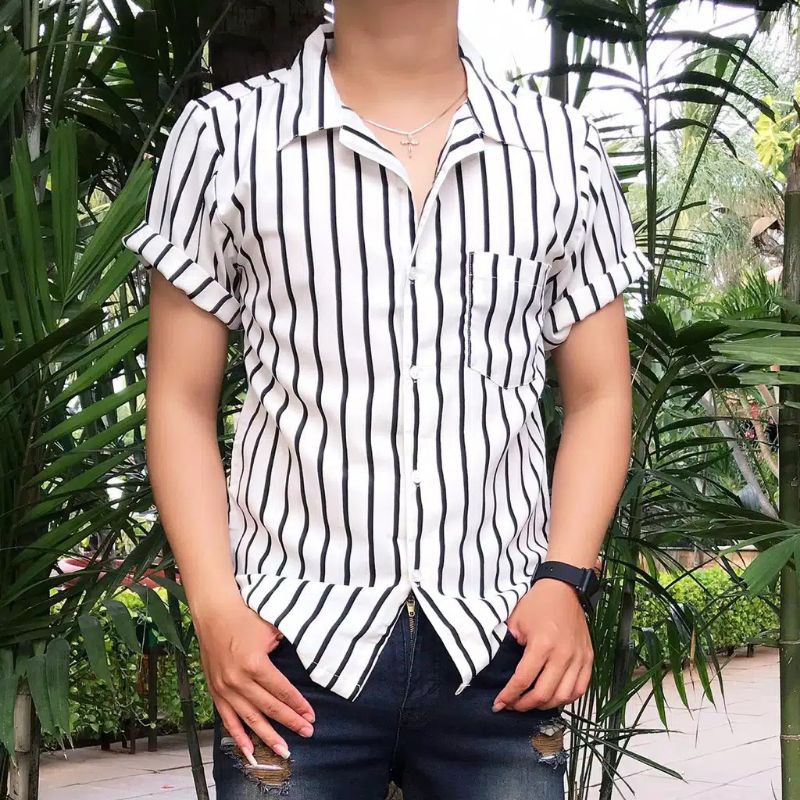 KEMEJA SALUR PRIA STRIPE LENGAN PENDEK COWOK 4559-KEMEJA SALUR putih