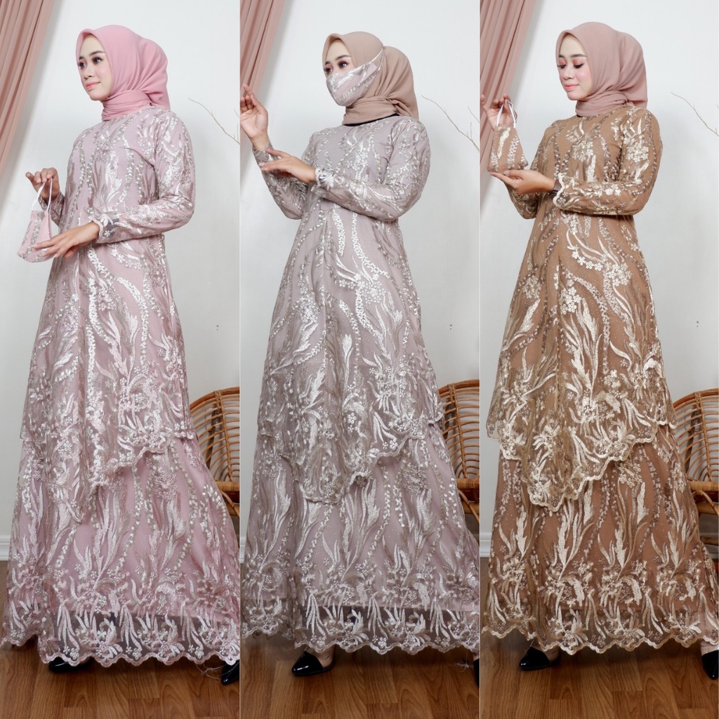 GAMIS WANITA TULLE / DRESS CLAUDIA / DRESS TULLE TINGKAT TWO TONE MOCCA DAN WARNA LAIN