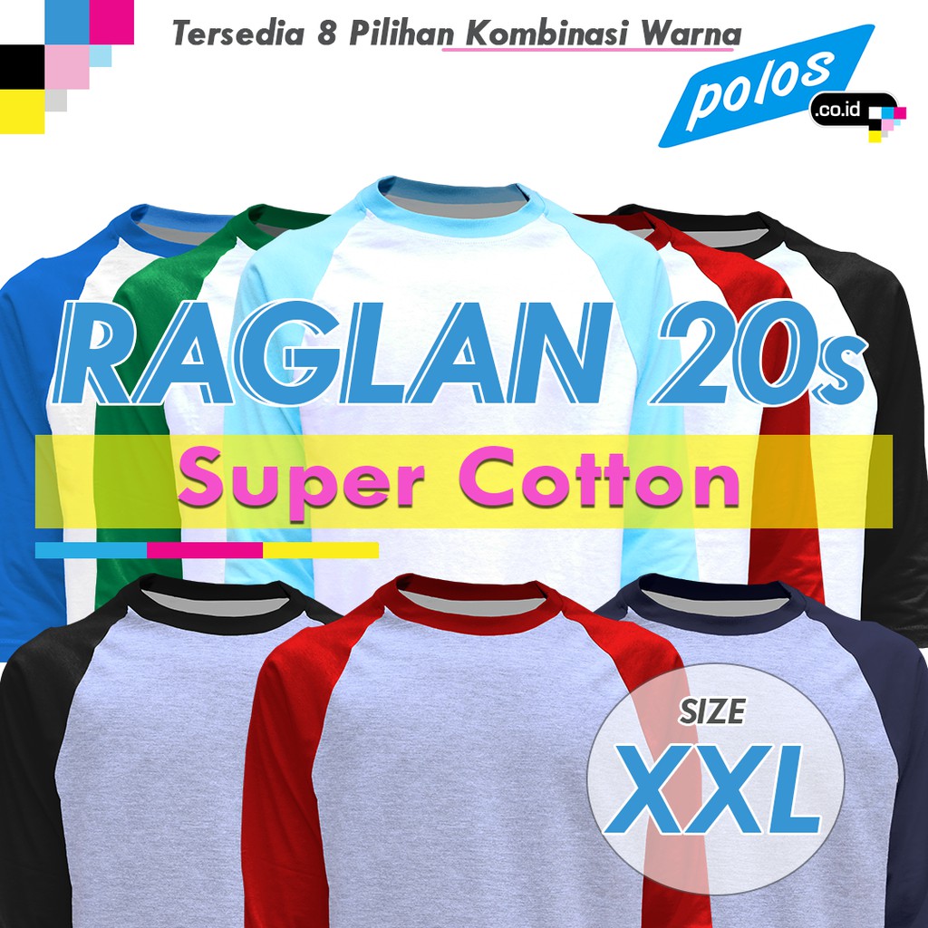  Kaos  Raglan Polos  Super Cotton 20s Unisex Ukuran  XXL  