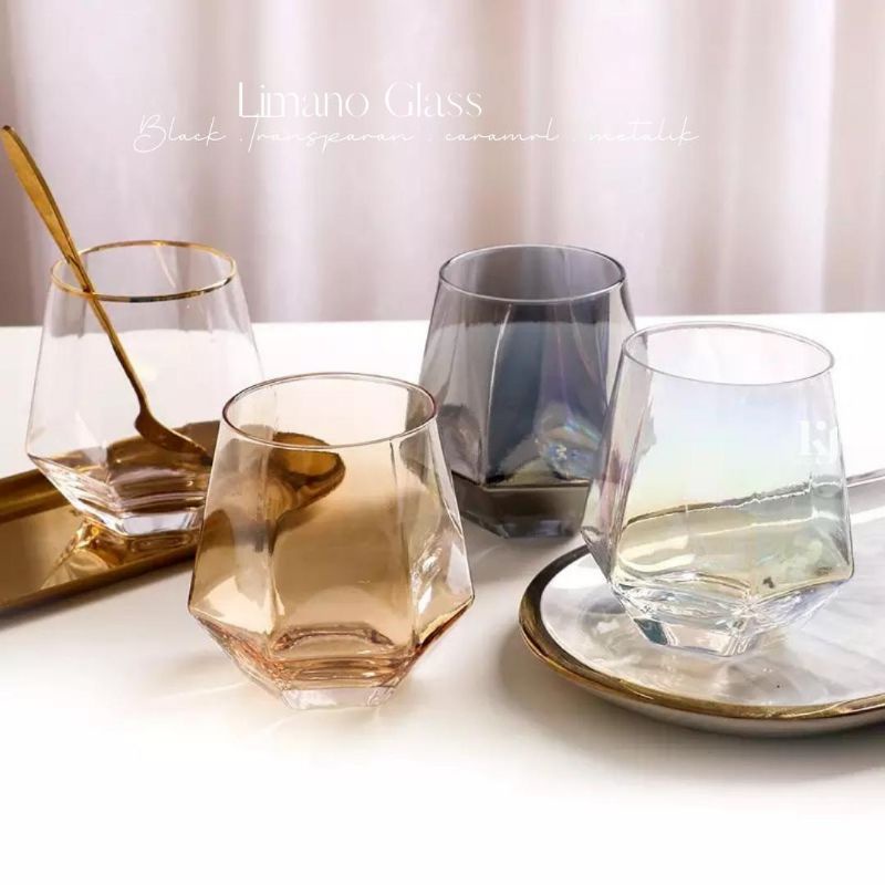 KJ - Limano Glass / Gelas Cantik / Gelas Kaca List Gold / Gelas Unik