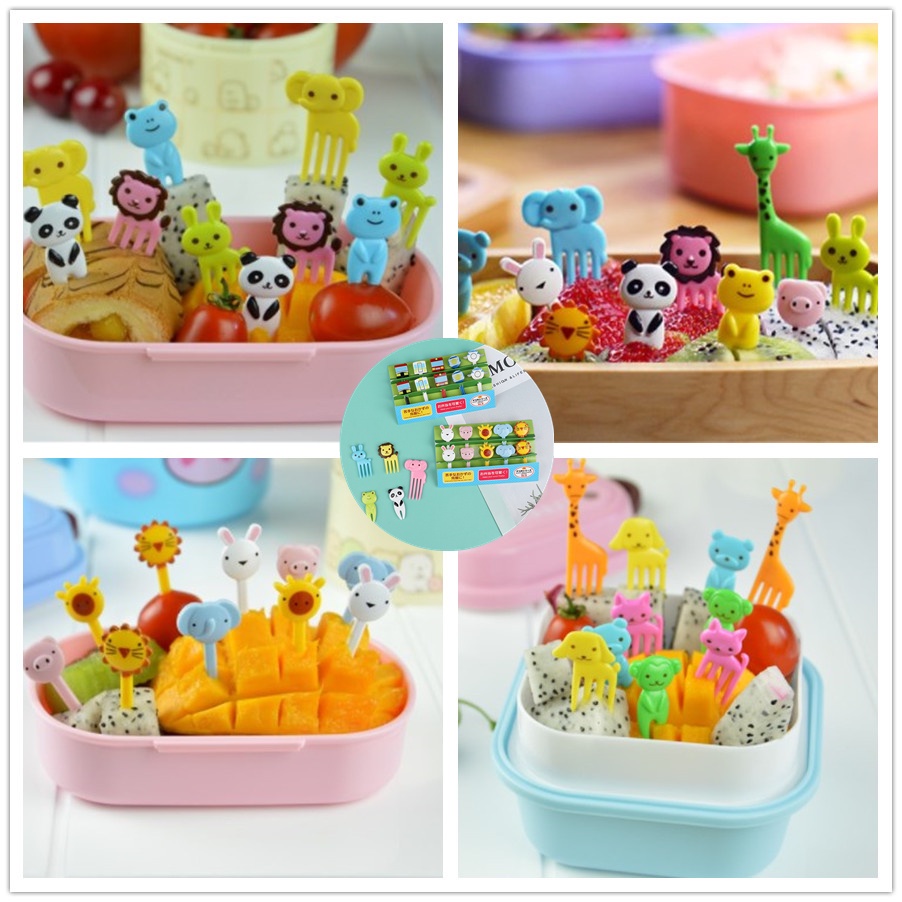 Sunshine 10Pcs Garpu Buah / Kue / Dessert Mini Desain Kartun Hewan Peternakan Untuk Anak