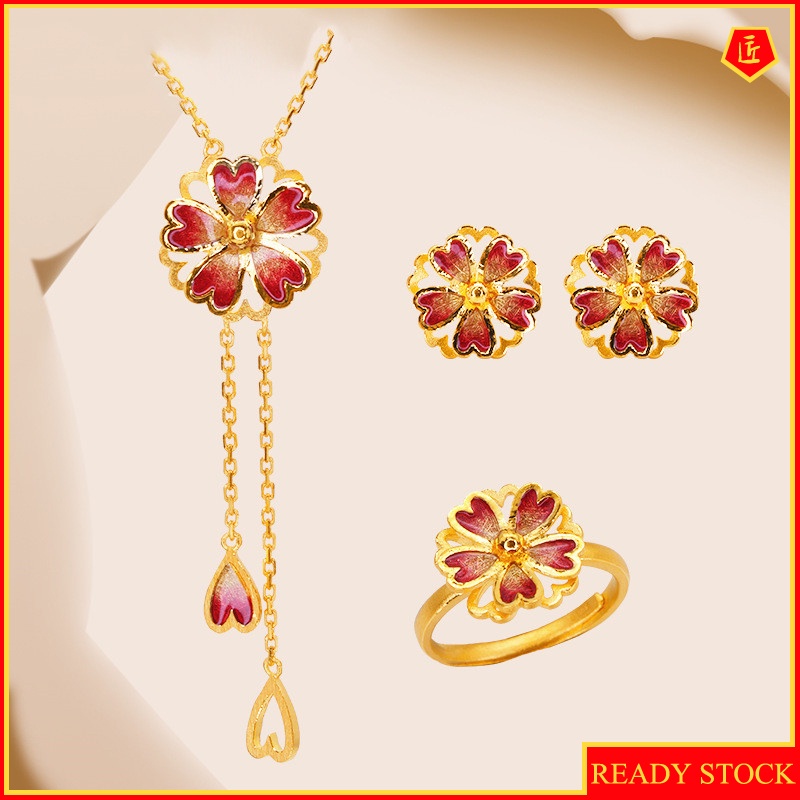[Ready Stock]Golden New Personality Cherry Blossom Set Rings Necklace Ear Stud