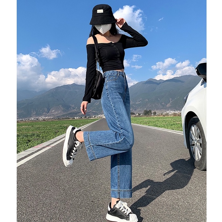 New biru high waist murah kekinian korea import celana jeans wanita  kulot